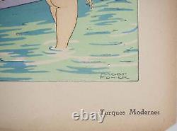 Maggy MONIER Art déco, Bain turc entre femmes, Lithographie et pochoir signée