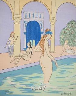 Maggy MONIER Art déco, Bain turc entre femmes, Lithographie et pochoir signée