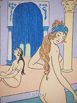 Maggy MONIER Art déco, Bain turc entre femmes, Lithographie et pochoir signée