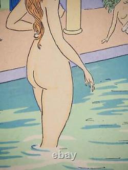 Maggy MONIER Art déco, Bain turc entre femmes, Lithographie et pochoir signée