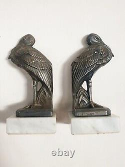 Maurice Frécourt (1890-) Serre-livres sculpture oiseaux cigognes Art Déco