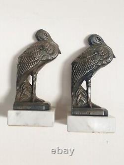 Maurice Frécourt (1890-) Serre-livres sculpture oiseaux cigognes Art Déco