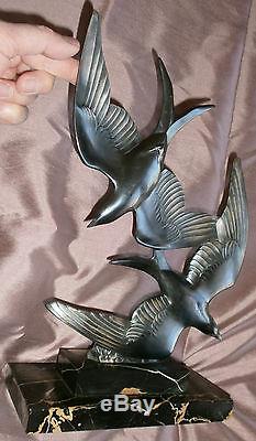 Oiseaux art déco en métal argenté socle marbre portor (fissure) Sculpteur M FONT