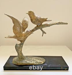 Oiseaux sur branche regule signé Plagnet Art Deco statue sculpture sur marbre
