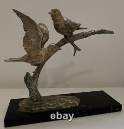 Oiseaux sur branche regule signé Plagnet Art Deco statue sculpture sur marbre