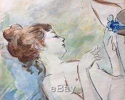 Peinture ancienne art deco Marcel Vertes aquarelle nu allongé erotica erotisme