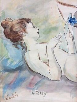 Peinture ancienne art deco Marcel Vertes aquarelle nu allongé erotica erotisme