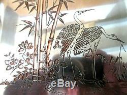 Plateau métal argenté gravé de bambous et de cigognes signé CHRISTOFLE, Art Déco