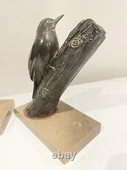 Serres livres oiseaux branché signée M Leducq faune art nouveau animaux / bronze