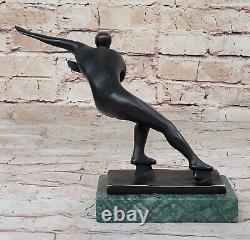 Signée Glace Patineuse Art Déco Bronze Statue Figurine Sculpture Solde