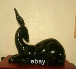 Statue Art Deco noire Faïence de St Clément signée LEMANCEAU Gazelle Antilope