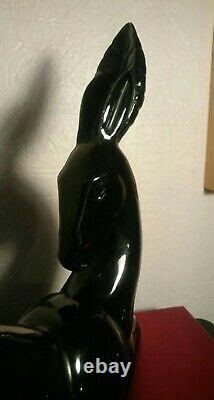 Statue Art Deco noire Faïence de St Clément signée LEMANCEAU Gazelle Antilope