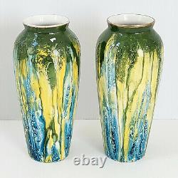 Superbe Paire De Vases Art Deco Signes Porcelaine Ceramique 1920 1930 20s 30s