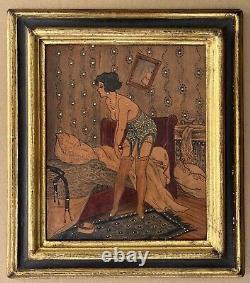 Tableau Ancien Art Déco Edouard Leverd Cuir Teinté Scène Erotique Femme Lingerie
