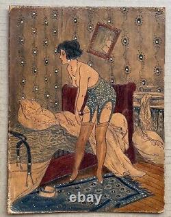 Tableau Ancien Art Déco Edouard Leverd Cuir Teinté Scène Erotique Femme Lingerie