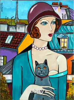 Tableau Art Deco Kris Milvy La Dame au Chapeau Paris Chat 54x73 cm COTE DROUOT