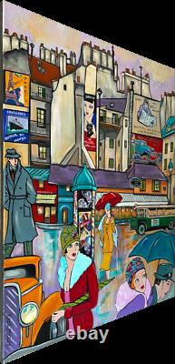 Tableau Art Deco Kris Milvy Paris Place St André des Arts 65x81 COTE DROUOT