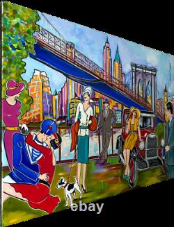 Tableau Art Deco Kris Milvy Sous le Pont de Brooklyn New York 80 x 60 DROUOT