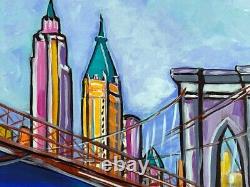 Tableau Art Deco Kris Milvy Sous le Pont de Brooklyn New York 80 x 60 DROUOT
