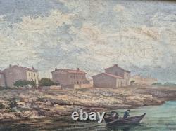 Tableau B. MOURAILLE Pêcheurs en bord de côte. Huile sur carton. Signée