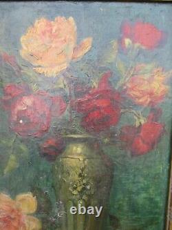 Tableau Huile Sur Toile Georges Eugene Lorgeoux 1871-1953 Bouquet Roses Fleurs