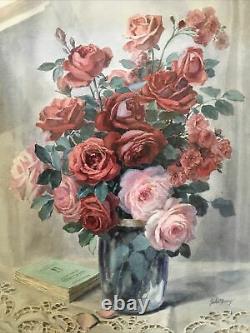Tableau Peinture BOUQUET DE ROSES EN VASE ET LIVRE SUR NAPPERON Signé JULES DOUY