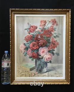 Tableau Peinture BOUQUET DE ROSES EN VASE ET LIVRE SUR NAPPERON Signé JULES DOUY