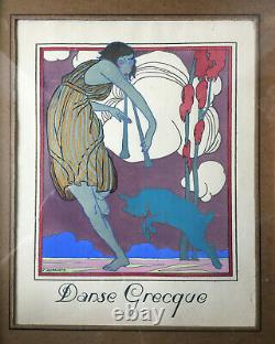 Tableau Superbe pochoir Art déco 1930 Danse Grecque par J. Roberts + cadre