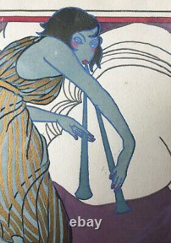 Tableau Superbe pochoir Art déco 1930 Danse Grecque par J. Roberts + cadre