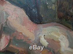 Tableau ancien oil painting 1900 ART DECO nu livre signé illisible recto verso