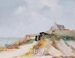 Tableau breton paysage BRETAGNE scène Pardon huile années 20 Art Déco église