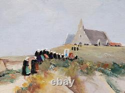 Tableau breton paysage BRETAGNE scène Pardon huile années 20 Art Déco église