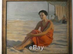 Tableau huile à la plage à Palavas signé jean aristide Rudel(1884-1959)