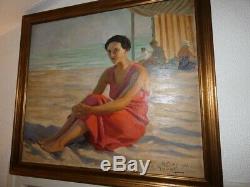 Tableau huile à la plage à Palavas signé jean aristide Rudel(1884-1959)