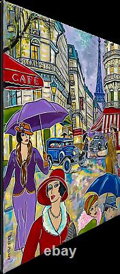 Tableau peinture Kris Milvy Art Déco Jour de pluie à Paris 54 x 73 cm