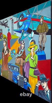 Tableau peinture Kris Milvy Art Déco Les Aviatrices aviation 80 x 80 cm