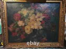 Tableau signé XIX Huile sur toile Nature Morte Fleurs oil painting flowers