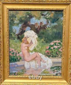 Tableau signée LUCIENNE LEROUX Femme Prenant le bain Peinture huile sur toile