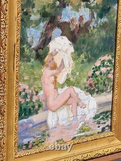 Tableau signée LUCIENNE LEROUX Femme Prenant le bain Peinture huile sur toile