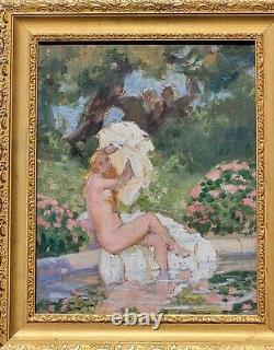 Tableau signée LUCIENNE LEROUX Femme Prenant le bain Peinture huile sur toile