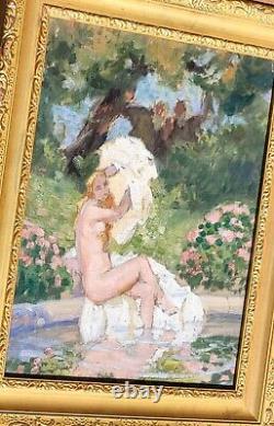 Tableau signée LUCIENNE LEROUX Femme Prenant le bain Peinture huile sur toile