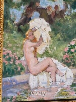 Tableau signée LUCIENNE LEROUX Femme Prenant le bain Peinture huile sur toile