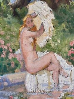 Tableau signée LUCIENNE LEROUX Femme Prenant le bain Peinture huile sur toile