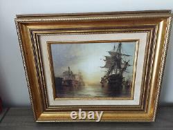 Tableau sur toile ancien bateau d'époque non signé cadre doré