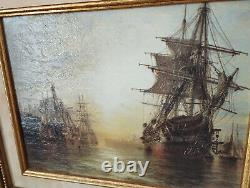 Tableau sur toile ancien bateau d'époque non signé cadre doré