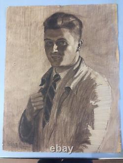 Très Beau Dessin Portrait Jeune Homme Veste 1937 Crayon Art Deco Dandy Signé