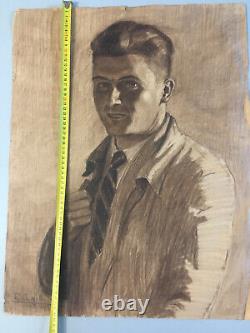 Très Beau Dessin Portrait Jeune Homme Veste 1937 Crayon Art Deco Dandy Signé