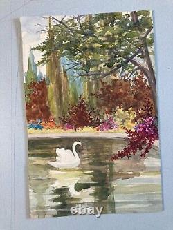 Très Belle peinture aquarelle Papier Sous Bois Lac 1930 À Identifier Forêt Cygne