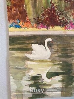 Très Belle peinture aquarelle Papier Sous Bois Lac 1930 À Identifier Forêt Cygne