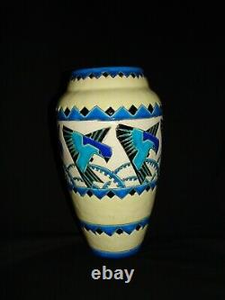 Vase ART DECO Céramique signée KERAMIS BELGIQUE Décor aux oiseaux